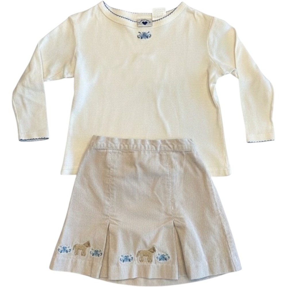 Hartstrings Skirt Set Girls Size 4 Cream Tan Blue Horse Floral Corduroy Vintage